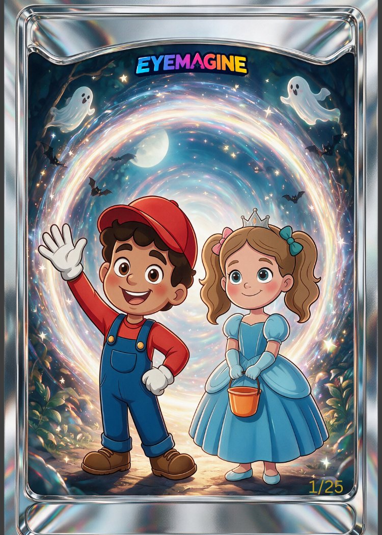 Leo & Lilly holographic trading card, 1 of 25, stepping through a starry Halloween portal