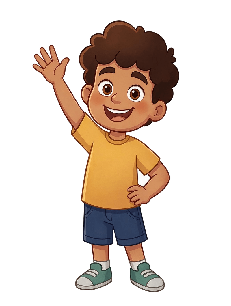 Leo, an 8-year-old boy with curly brown hair in a yellow t-shirt and navy shorts, waving hello