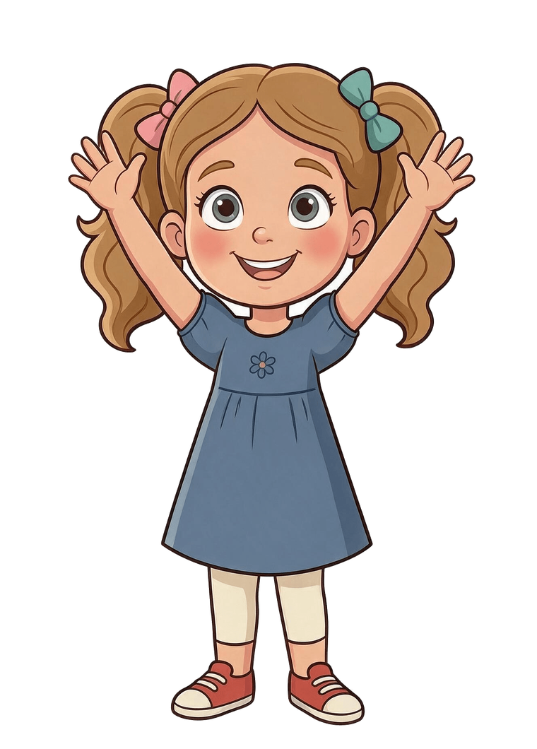 Lilly, a 6-year-old girl with pigtails in a dusty blue dress, waving hello